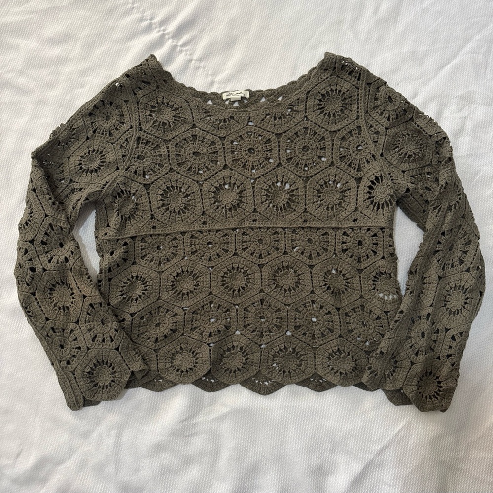 Ultra Pink Womens Crochet Top Sm Army Green Lined Fairy Grunge Boho Hippy Knit